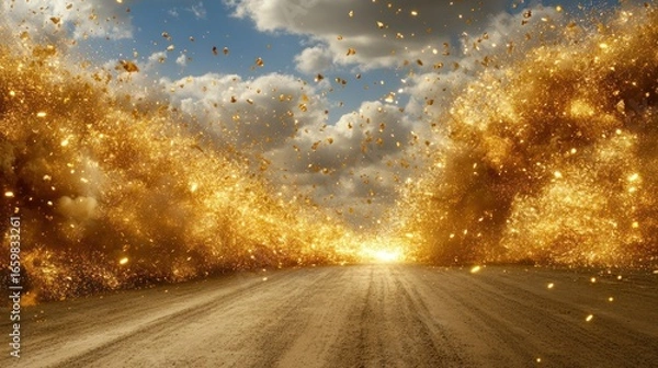 Fototapeta Golden explosion against a cloudy sky over a desert landscape, evoking a sense of awe and