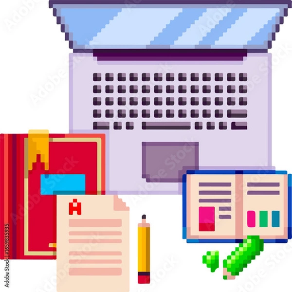Obraz set of study equipment laptop and books pixel art style illustration