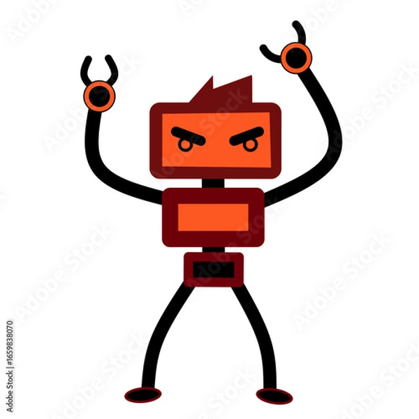 Fototapeta An abstract, angry-looking robot with sharp angles, featuring orange and maroon rectangular body parts, black limbs, and red accents. It has a minimalist, vector art style