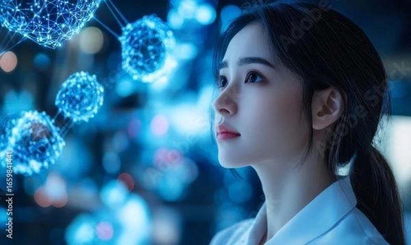 Fototapeta Asian female medical neurologist utilizing artificial intelligence in groundbreaking medical advancements and research, symbolizing progress in healthcare with smart technology, Generative AI
