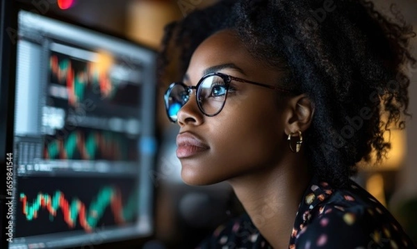 Fototapeta Inclusive image of a Black female IT developer working on a computer in a dark office, analyzing crypto stock market data. This portrays the role of African American women, Generative AI
