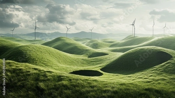 Fototapeta Serene green hills dotted with wind turbines under a cloudy sky promoting sustainable energy