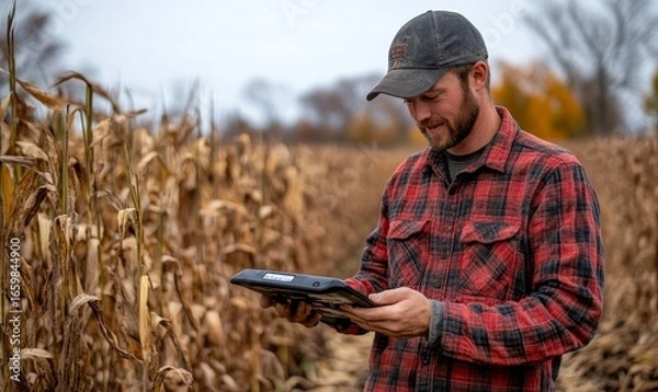 Fototapeta Crop farmer using AI technology on a smart pad to improve farming efficiency and agricultural processes. The image highlights innovation in agriculture and technology-driven farming, Generative AI