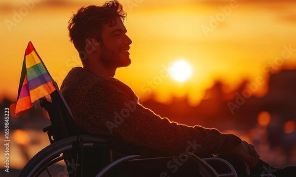 Fototapeta Inclusive image of a disabled homosexual man in a wheelchair, wearing a rainbow pride flag. The image celebrates LGBTQ+ diversity and inclusion during Pride events, with a sunset, Generative AI