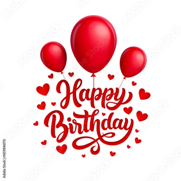 Fototapeta High quality png 3d illustration of happy birthday greeting with red balloons and hearts isolated on transparent background for celebration transparent background