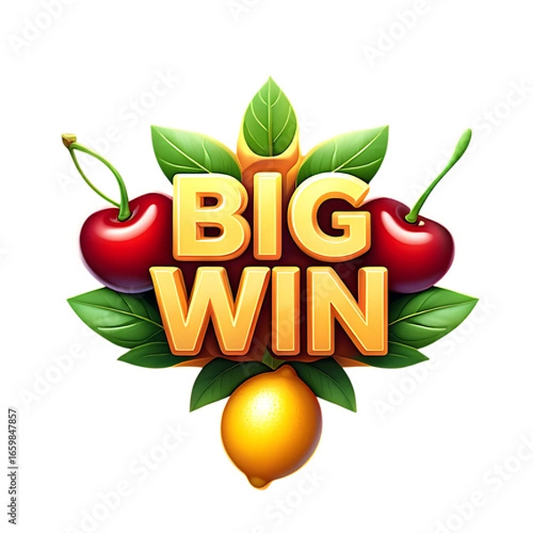Fototapeta High quality png 3d illustration of big win with cherries and lemon isolated on transparent background, a symbol of casino jackpot transparent background