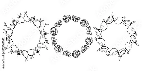 Obraz Set of black and white fruit wreath frames with apples, pears, strawberries, citrus slices, and plums. Hand-drawn round borders for invitations, coloring pages, labels, packaging, and design projects.