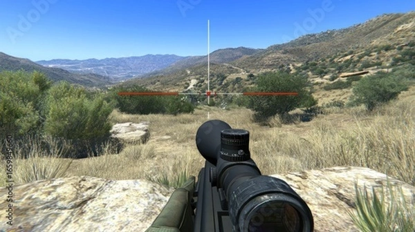 Fototapeta First-person view of a sniper rifle aiming at a distant target in a mountainous terrain under a
