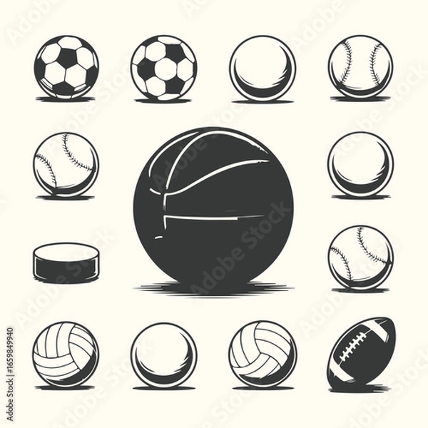 Fototapeta A set of vector sport ball icons, including football, basketball, baseball, and tennis, for game and team design