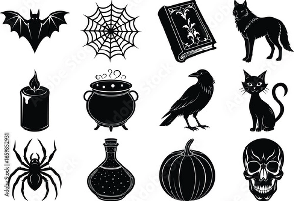 Obraz Vector art of set of halloween silhouette icons including a bat, spider web, book, wolf, candle, cauldron, crow, cat, spider, potion, pumpkin, and skull