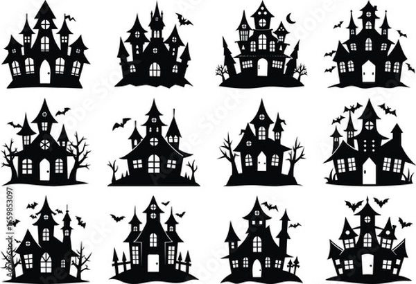 Obraz Vector art of collection of spooky haunted houses and castles in silhouette, perfect for halloween decorations and themes