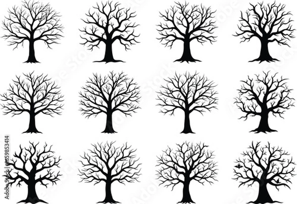 Obraz Vector art of collection of twelve bare trees in silhouette, halloween tree set