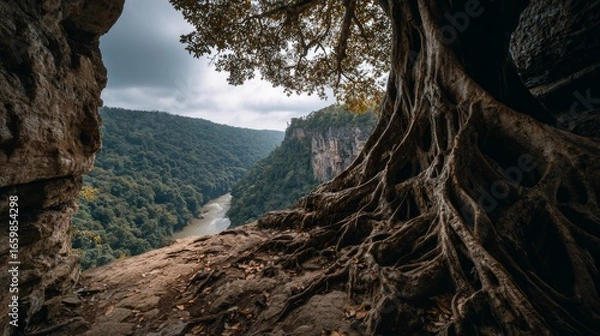 Fototapeta View from rocky cave opening to lush forest valley with winding river and exposed tree roots under moody sky