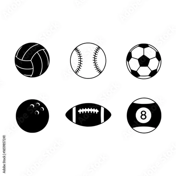 Fototapeta Selection of Diverse Sport Ball Icons Representing Various Team and Individual Games, Including Volleyball, Baseball, Soccer, Bowling, Football, and Billiards