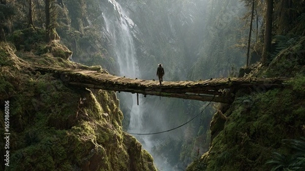 Fototapeta Rustic wooden suspension bridge over deep green gorge with cascading waterfall and dense misty forest wilderness background