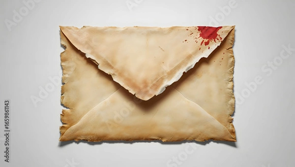 Fototapeta An old, stained envelope with a blood spot, isolated on white background, conveying mystery and intrigue
