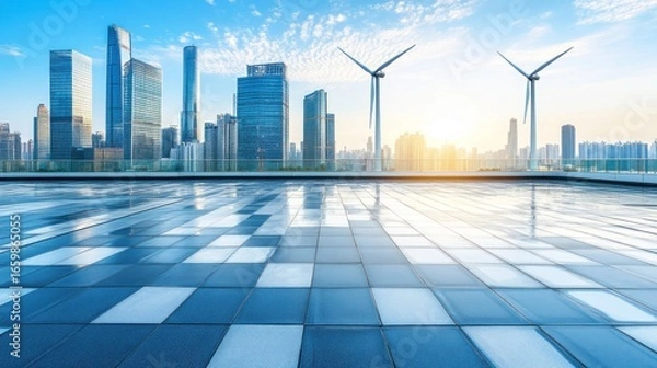 Fototapeta Panoramic view of modern city skyline with wind turbines at sunrise creating an eco friendly
