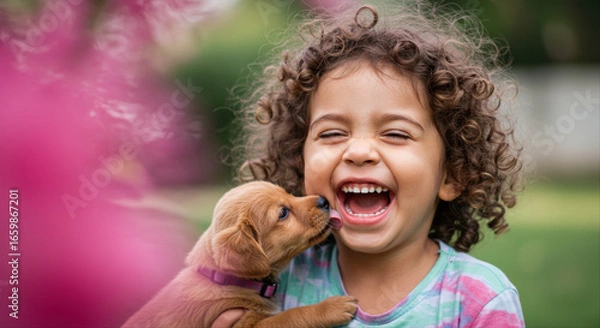 Fototapeta Young child laughing while playing with puppy licks in sunny garden  