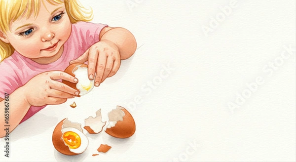 Fototapeta Little child peeling boiled egg with a smile indoors  