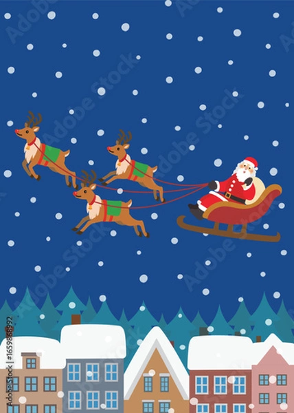 Obraz クリスマス素材　雪降る街中を行くトナカイとサンタクロース
