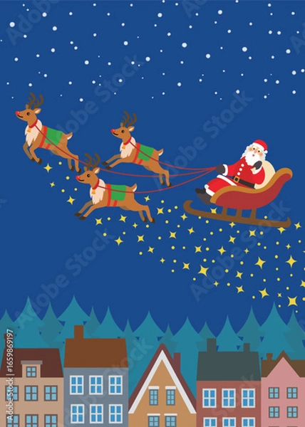 Obraz クリスマス素材　雪景色の街中を行くトナカイとサンタクロース　キラキラ