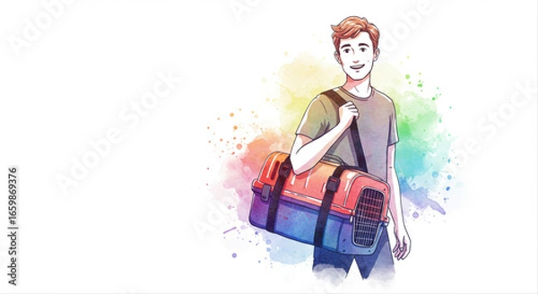 Fototapeta Young man carrying colorful pet carrier with a cheerful expression  