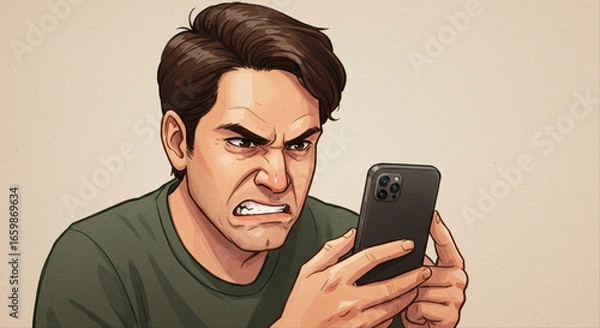 Fototapeta Frustrated male scowling while holding smartphone in casual setting. Man frowning at phone screen