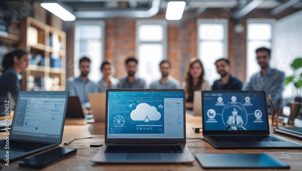 Fototapeta A group of professionals are collaborating on a project, using laptops and cloud technology in a modern office space