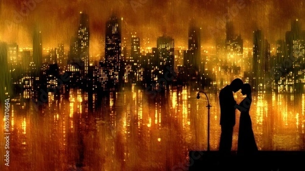 Fototapeta Romantic evening silhouette in a stylized city backdrop with golden reflections and a solitary