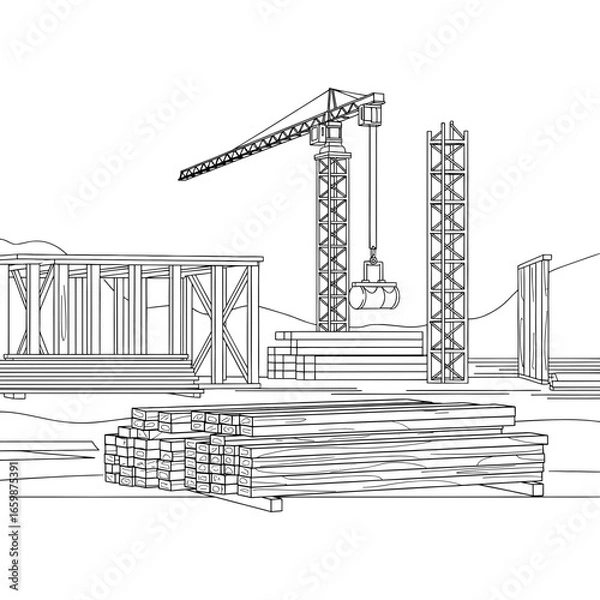 Obraz Construction Site with Crane and Lumber Stack - Vector Illustration