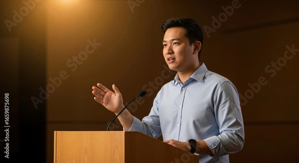 Fototapeta Asian man speaking at podium with microphone during business conference presentation. Public speaking and corporate communication for professional training and seminar services