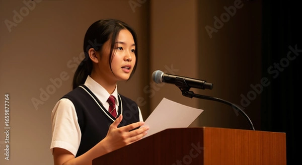 Fototapeta Young woman in school uniform speaking at podium with microphone. Student presentation and public speaking training for educational development and communication skills