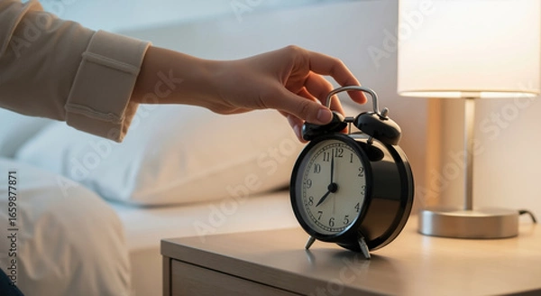 Fototapeta Hand reaching for black alarm clock on bedside table in bedroom. Morning routine and time management concept for wake up schedule and daily productivity habits
