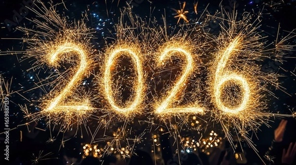 Fototapeta Golden Fireworks 2026 on Black Sky for New Year Celebration with Sparkling Lights and Wide-Angle HD Detail.
