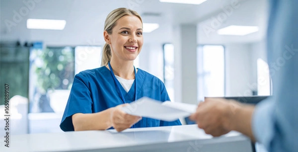 Fototapeta Smiling nurse at hospital reception handing medical documents to patient in healthcare clinic, professional nurse at reception desk supporting hospital administration