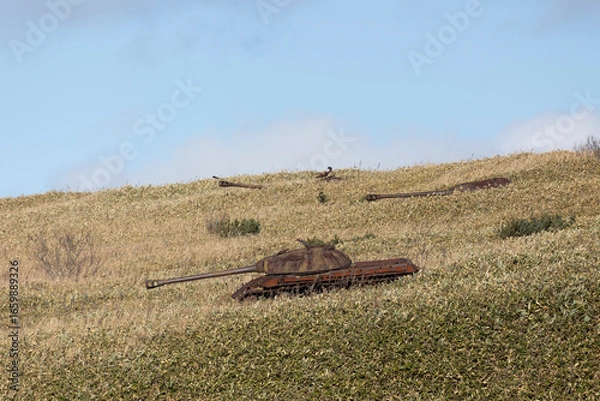 Fototapeta Old rusty soviet panzer IS-3. Kunashir Island. Southern Kuriles