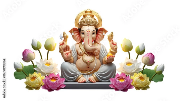 Obraz Lord Ganesha statue surrounded by lotus flowers, vibrant colors, spiritual representation, Ganapati bappa, indian festial