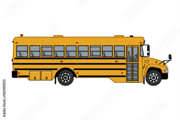 Fototapeta Yellow classic school bus. Side view. School bus  for kids books. Vector flat illustration  school bus isolated on white background. Back to school.