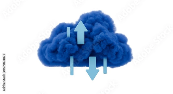 Fototapeta 3D blue cloud with upload/download arrows, isolated on a white background.