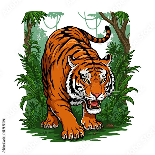 Fototapeta Illustration of a Bengal tiger walking through a lush green jungle with trees, vines, and dense foliage.