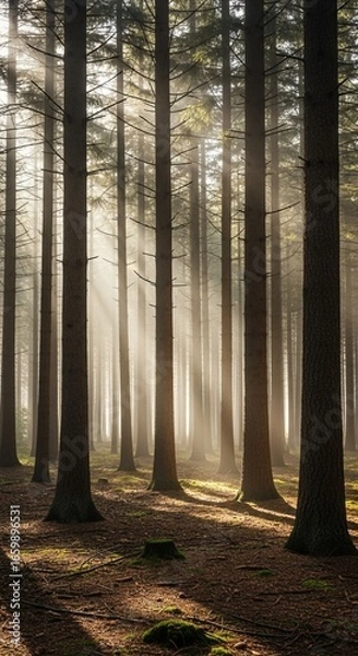 Fototapeta Misty Sunlight Filtering Through a Dense Pine Forest – Vertical Composition
