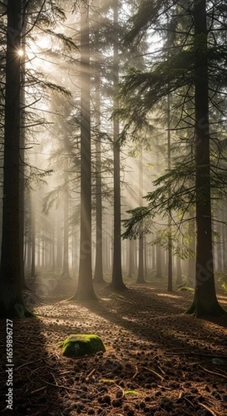 Fototapeta Misty Sunlight Filtering Through a Dense Pine Forest – Vertical Composition