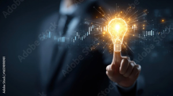 Fototapeta Business professional touches glowing light bulb, symbolizing innovation and ideas. background features digital graphs, representing growth and technology. This conveys inspiration and creativity