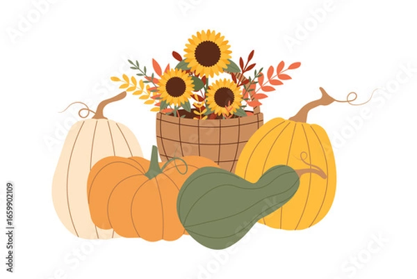 Obraz Pumpkins and autumn basket of sunflowers on an isolated background. Vector illustration for fall harvest, Thanksgiving invitation, seasonal postcard design