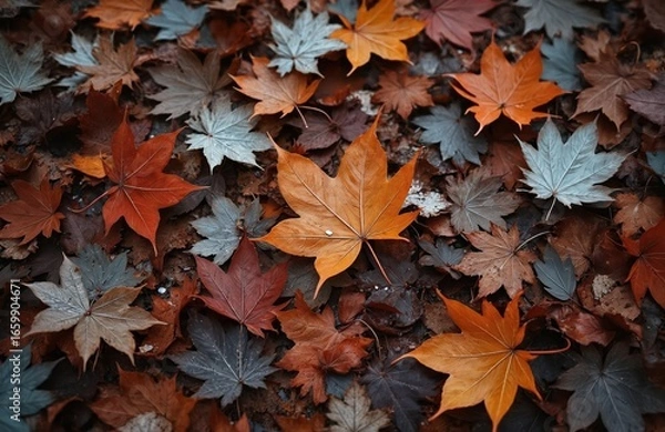Fototapeta Close-up of fallen autumn leaves forming textured carpet on ground. Features vibrant orange, red, brown, muted blue hues. Wet surface detail, organic pattern, natural decay, seasonal transition.