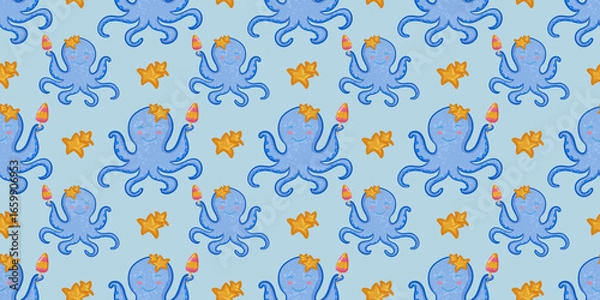 Fototapeta Cute seamless octopus and star pattern for fabric and textile design