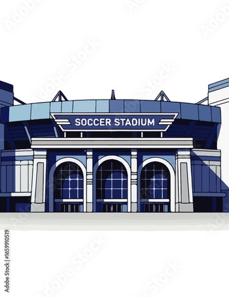 Fototapeta Dynamic vector illustration of a grand modern soccer stadium, showcasing its impressive architectural design and the readiness for major sporting events and vibrant crowd gatherings.