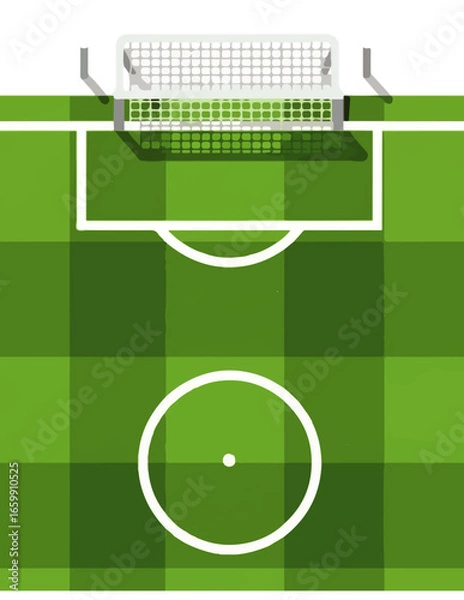Fototapeta Elevated perspective of a vibrant green soccer field with a prominent goal, illustrating strategic gameplay and the heart of competitive sports.