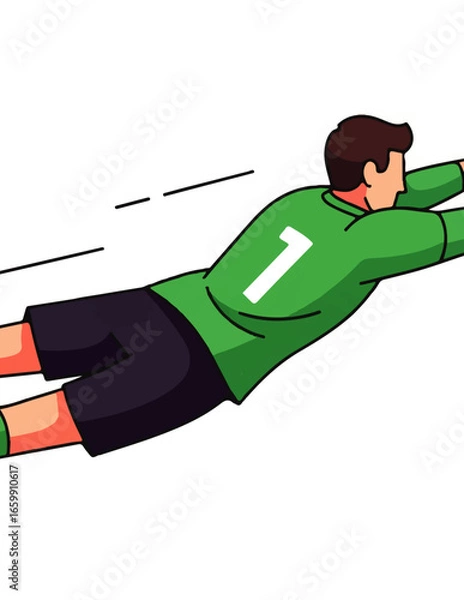 Fototapeta Dynamic illustration of a skilled male soccer goalkeeper making a spectacular diving save, showcasing athleticism and quick reflexes during an intense football match.