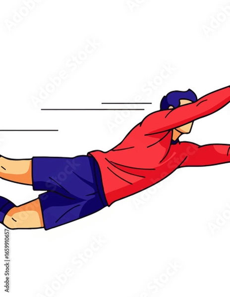 Fototapeta Dynamic illustration of a skilled soccer goalkeeper making a full-stretch save, showcasing athletic prowess and quick reflexes during an intense football match.